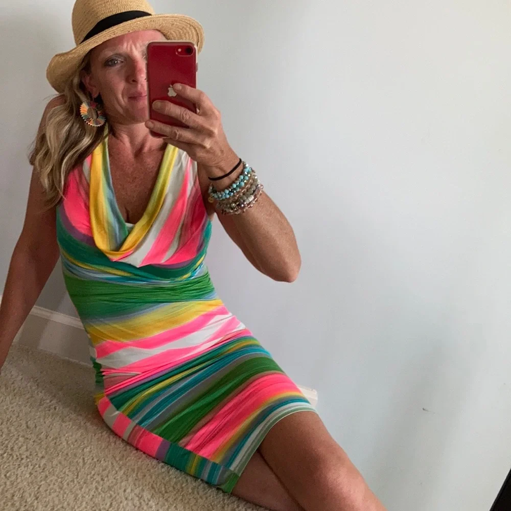 Striped, Draped Neck Fitted Dress - Picture 3 of 16